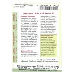 Renee's Garden Pepper Chile Red Savina Habanero -Garden Supplies Sales Store snv4167 back